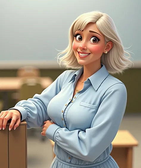  Create a cartoon drawing of a woman with tanned skin in the style of Pixar Disney , thin lips,  delicate dark brown eyes ,  short straight shoulder length hair ,  loose hair parted in the middle , abundant.  He is wearing a simple blue shirt and a red jum...