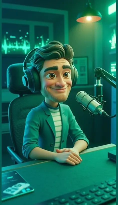 A 3D Pixar-style avatar of a minimalist video editor, inspired by the same facial features, hairstyle, and glasses of the previous reference image. The character is seated in a relaxed position in front of a sleek podcast setup, wearing the same mustard ye...