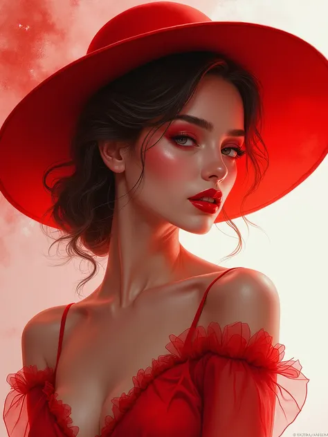 Breathtaking and hyperrealistic digital artwork blends watercolor, alcohol ink, oil painting, and pencil techniques. The interplay of lighting and shadows is masterful, with vibrant highlights and deep shadows transitioning from rich crimson to ruby reds, ...