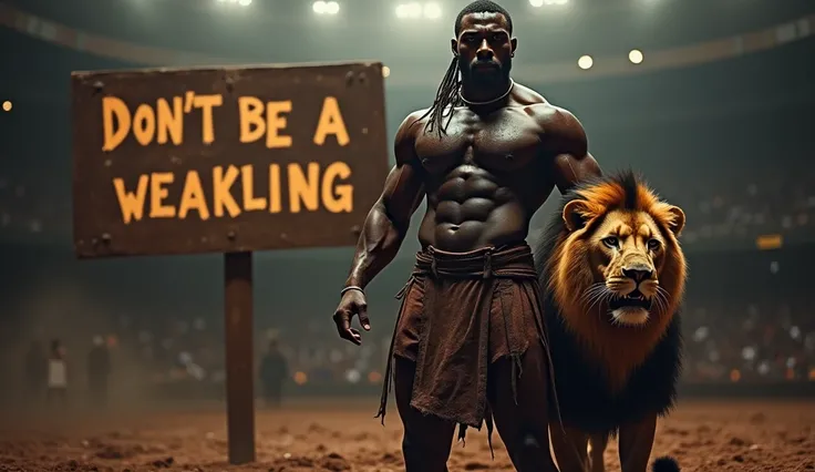 black light skinned african gladiator looking at us and stands next to a lion with sign behind saying:DONT BE A WEAKLING
