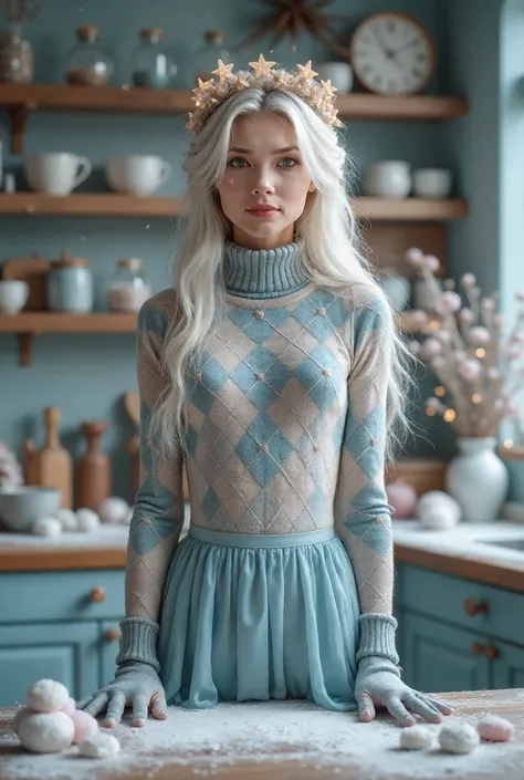 A beautiful woman with long white hair wearing an argyle diamond-patterned turtleneck sweater and gloves, standing in a kitchen. The photograph is in the style of Tim Shumate, with magical white snow sugar crystals on the counter, a crown of stars, a blue ...