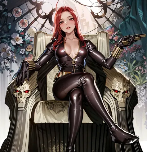 A digitally illustrated image shows a shoulder-length red-haired girl wearing a sleek skin-tight shiny black latex bodysuit with a deep-cut zipper neckline revealing a large chest, the silver zipper running down the front. The suit is complemented by her g...