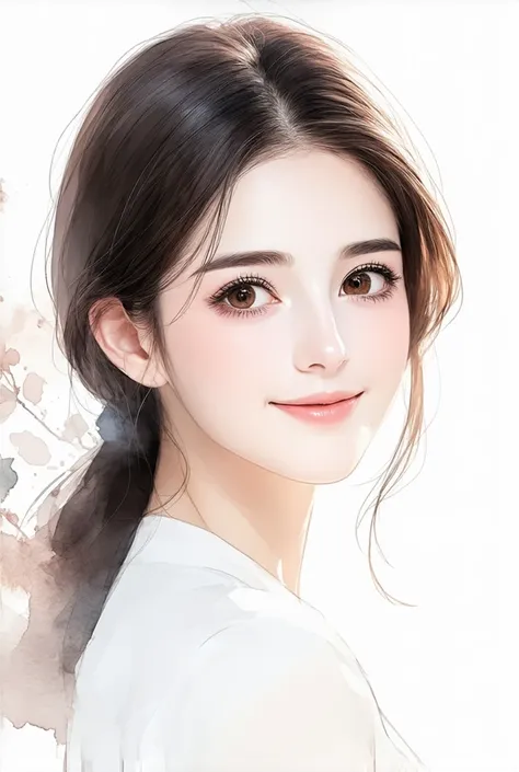 A delicate, clean, and soft illustration of a beautiful young woman in a Japanese-style modern illustration, similar to anime or light watercolor artwork. The woman has smooth, flawless skin with a natural glow, large expressive eyes, soft lips, and a gent...