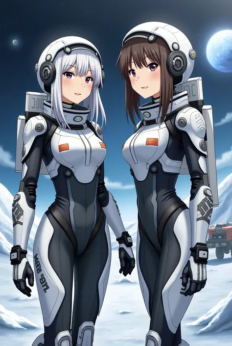 masterpiece, Highest quality, high resolution, newest, 2girls, friends, (group shot):5, (upper body):5, kyoto animation style, detailed, BREAK lunar base interior and exterior, moon surface exploration, lunar landscape, BREAK (white and black mechanical sp...