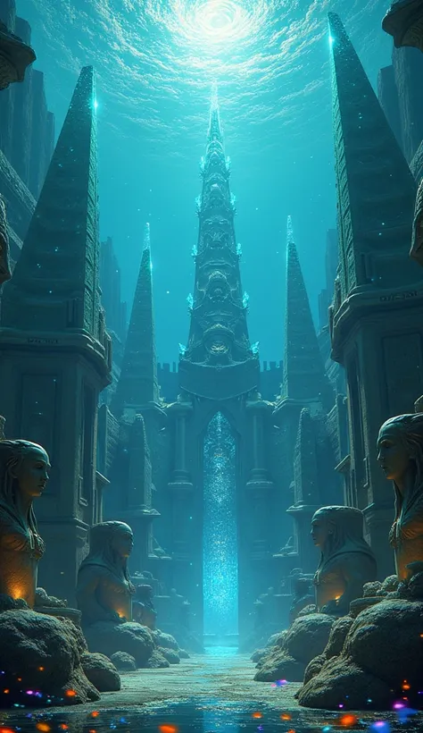 "A majestic underwater city of Atlantis, illuminated by an ethereal glow emanating from towering spires constructed of iridescent crystal and adorned with intricate carvings. The city is encased in a protective dome of shimmering energy, with schools of vi...