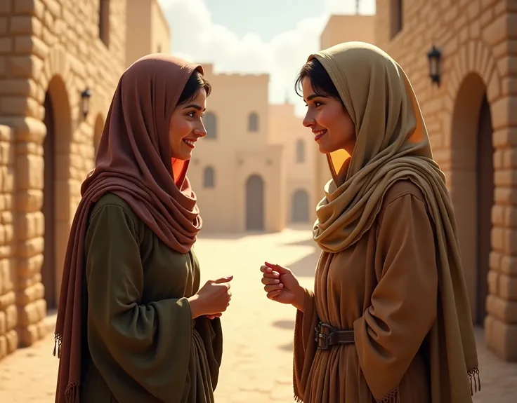 In the ancient time in Bethlehem, two women facing and talking with smiling. They look poor.