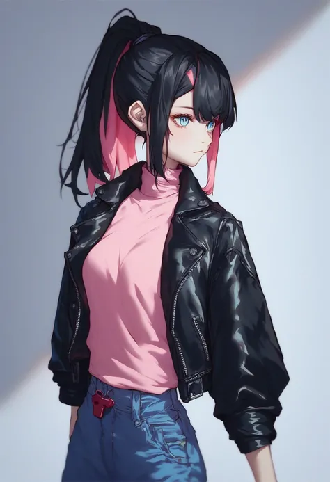 1 slim figure Young girl,fei wu,Black hair,ponytail, multicolored hair,red Lock,Black leather jacket,pink shirt, jeans blue, SemiDraws style)