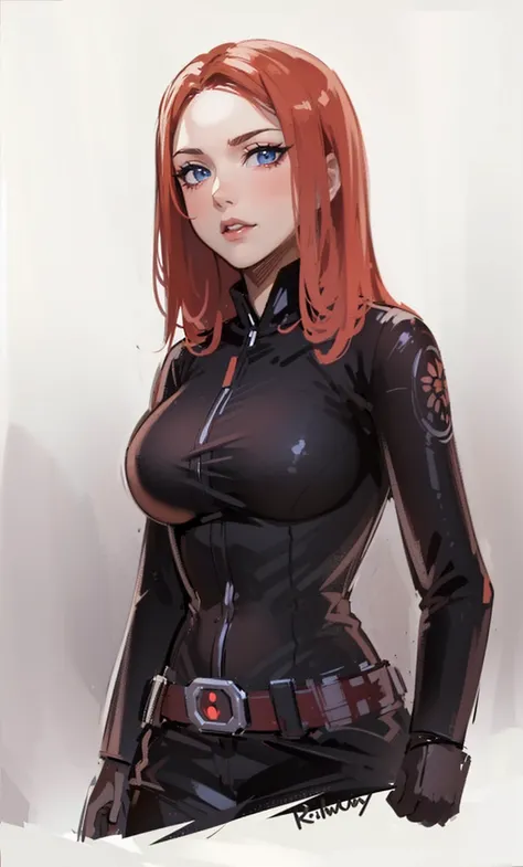 The image depicts Black Widow. She is illustrated with bright red, shoulder-length hair and blue eyes, and is clad in a sleek skin-tight shiny black latex bodysuit with a silver zipper running down the front. The suit is complemented by her shiny iron wris...