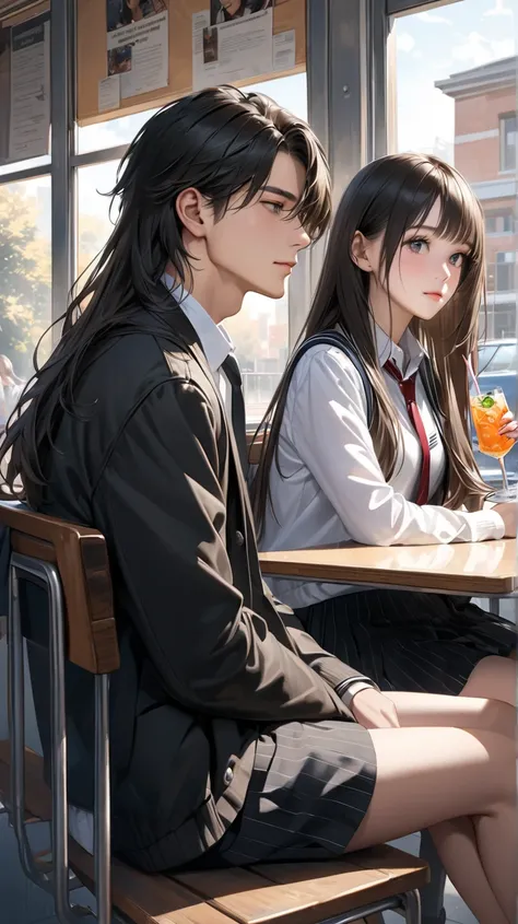 ultra-realism,  long hair,A male and female high school student are sitting opposite each other and having a drink