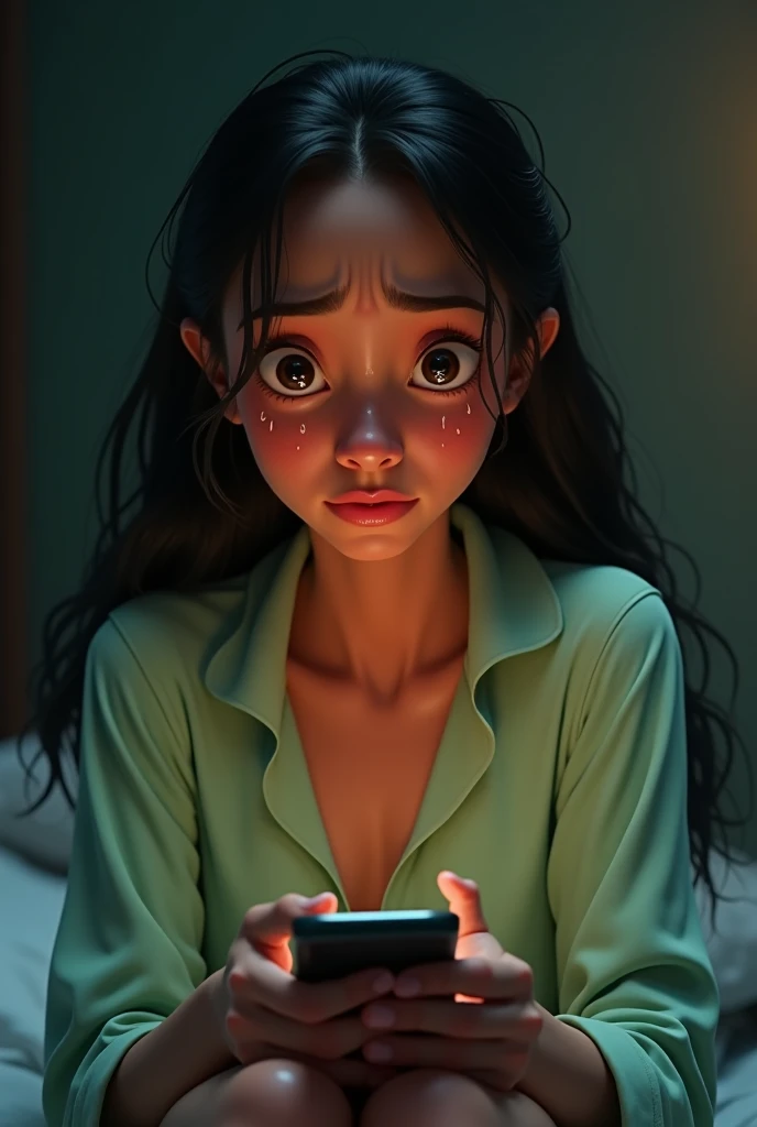  Close-up of an animated woman , inspired by Pocahontas ,  with tears streaming down her face .  She wears crumpled pastel green pajamas and her gaze is fixed on a cell phone screen.  the background is out of focus ,  suggesting a shady emotional state .  ...