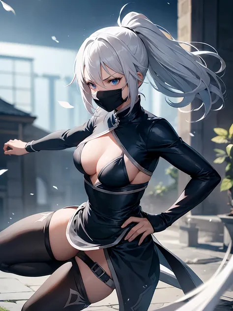 1 Beautiful white haired, girl, ponytail, blue eyes, ninja girl, fight, isekai city and casttle cgi background, ninja face mask, full, solo, hyperdetailed body