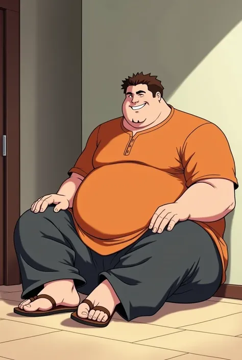 Tall Man, round face, with short thin brown haircut, chubby, muscular, in Anime, wearing his orange short kurta, long dark gray pants, brown sandals, in the private room, sitting on the floor, against the wall, kicking his feet