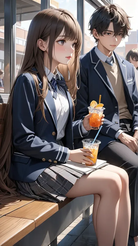 ultra-realism,  long hair,A male and female high school student are sitting opposite each other and having a drink