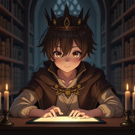 Create a male anime character looking at a screen in a medieval library with brown hair and brown eyes with brown and medieval clothes and a dark crown