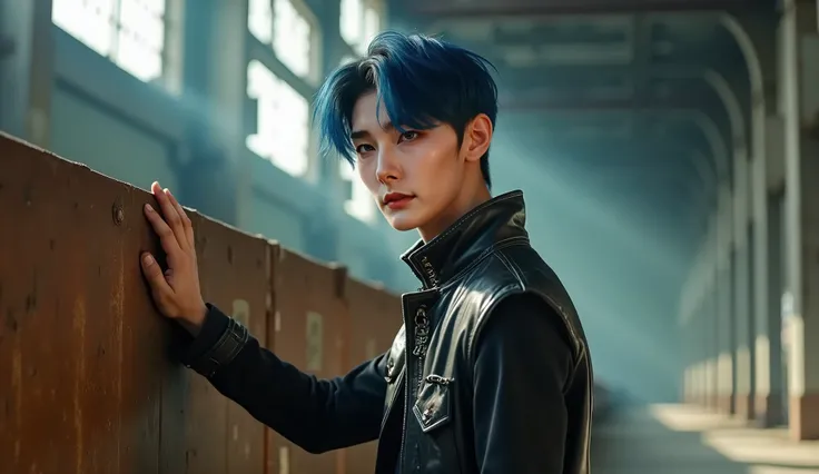 Prompt: A 24-year-old Korean boy with striking blue hair styled in soft, wavy layers is walking alongside a rusted metal wall inside an abandoned industrial warehouse. The beams of light stream through shattered windows above, cutting through the smoky, ha...