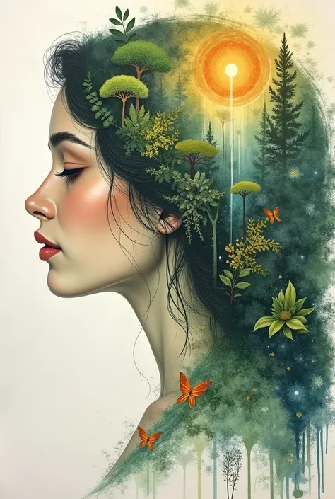  A horizontal drawing for a wall of a natural therapy room that was a woman with a profile that represents Gaia / Pachamama and behind her her hair will be transformed into a jungle 