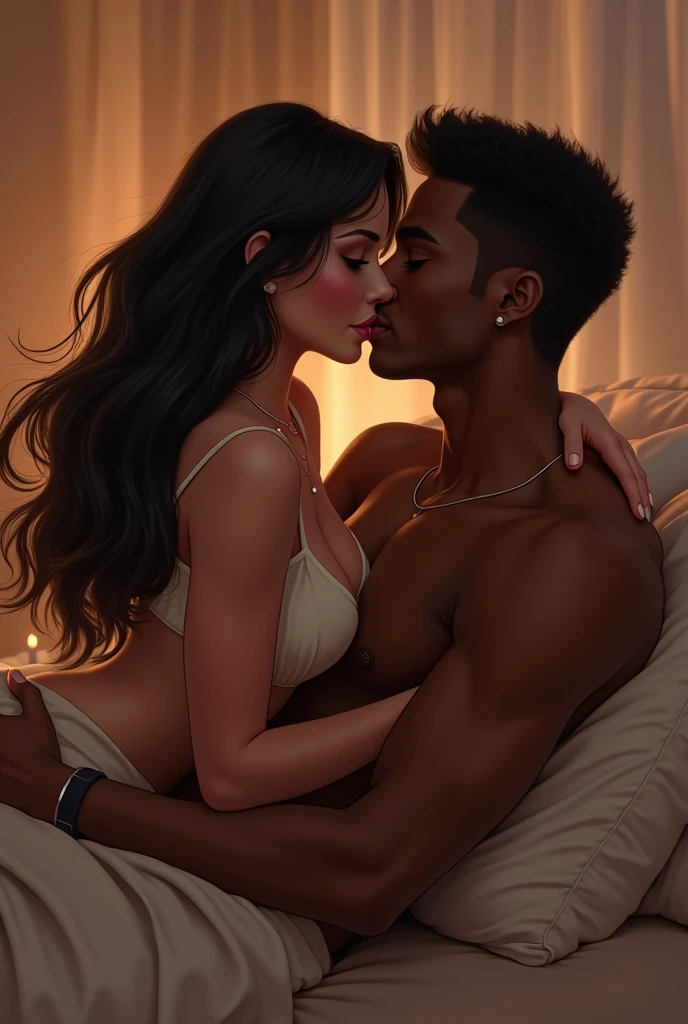 Generate a girl who kisses a black black guy