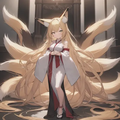  Masterpiece, top quality, high definition , detailed background,8k,Cute Anime,full body, Japanese, 1 girl,22 years old,(whole body),hands together, blonde long hair, golden eyes,  fox ears,Fox&#39;s Tail,  fox girl, kimono,(Shrine maiden:1.3), Long Sleeve...