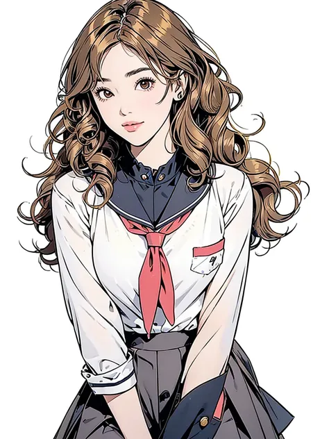 Create an "fall winter season school girl" scene where a beautiful dark gray-eyed Japanese young highschool girl ,(((neon color highlight hair,ash gold color hair, hair style,))、Flat color,F cup size breast.between breasts、between legs,((simple background)...