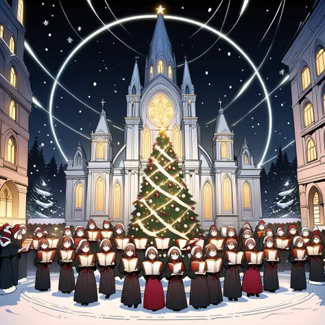 Create an intricate black and white line art illustration of a Christmas-themed carol song competition taking place at night in front of a beautifully detailed church. The church should feature Gothic or classic architecture, adorned with Christmas decorat...