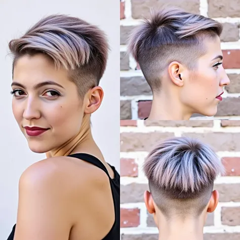 realistic image of a woman with a pixie shave fade undercut haircut, (looking at the viewer)
