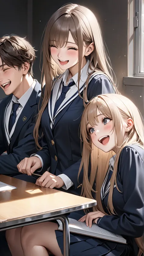 ultra-realism,  The girl has long hair ,Two male and female high school students are sitting facing each other in school uniforms and laughing