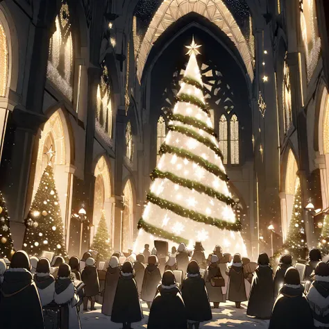 Create an intricate black and white line art illustration of a Christmas-themed carol song competition taking place at night in front of a beautifully detailed church. The church should feature Gothic or classic architecture, adorned with Christmas decorat...