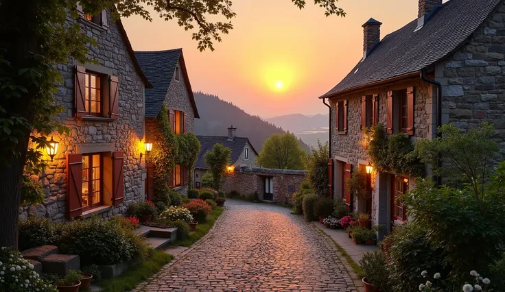 A peaceful European village at sunset, showcasing its timeless beauty. The frame includes stone houses, lantern-lit streets, and a calming view of nature, inviting viewers to explore the serene rural lifestyle and heritage.