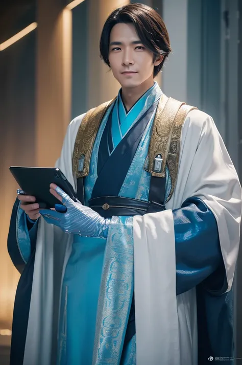 ncient and futuristic elements, depicting a knowledgeable and approachable male doctor or scholar. He is middle-aged to elderly, with an air of wisdom and warmth. His attire blends traditional historical garments (such as robes inspired by East Asian or cl...