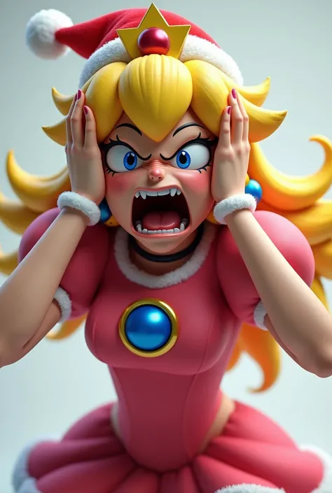 Create a CG sexy Princess Peach. Shes really angry, screaming with both hands on her head. Shes wearing a short christmas dress with a christmas hat