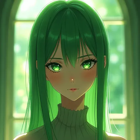 Girl with very very straight green hair like her eyes and four freckles on each cheek Masterpiece,  HIGH QUALITY,  tall details ,  high resolution , limelight,  anime style 