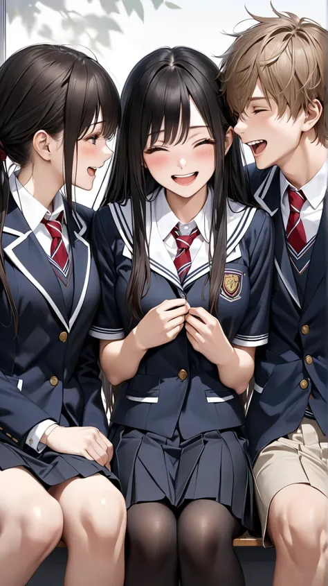 ultra-realism,  The girl has long hair ,Two male and female high school students are sitting facing each other in school uniforms and laughing 二人のみ