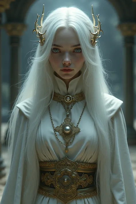 It has a sacred atmosphere ,  White hair and white eyes , Clothes and accessories should look like they were used in the Middle Ages