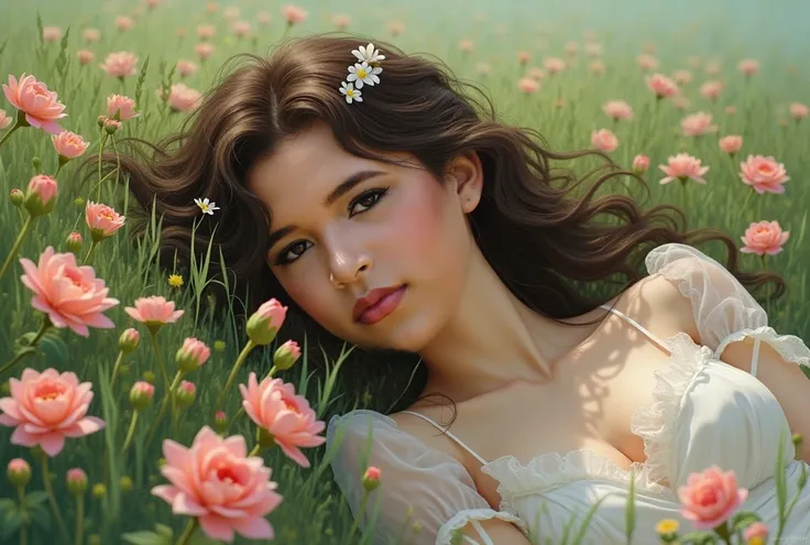 a girl lying in a field of flowers, detailed face, beautiful eyes and lips, flowing hair, soft light, impressionist style, pastel colors, natural setting, high quality, ethereal, serene