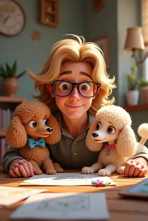  Sam Frazão ,  long light blond hair , light skinned,  wearing thin glasses dark brown eyes,   has two white poodles ,  a male with a blue tie , The other female with pink ribbon  ,  they are in a room with paper and scissors .  Animation comes to life in ...