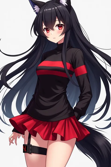 Create an anime girl with long black hair who has a long-sleeved shirt with black and red stripes that is a wolf and wears a short red skirt and a garter with a black strap on her right leg and has the letter L on the side. 