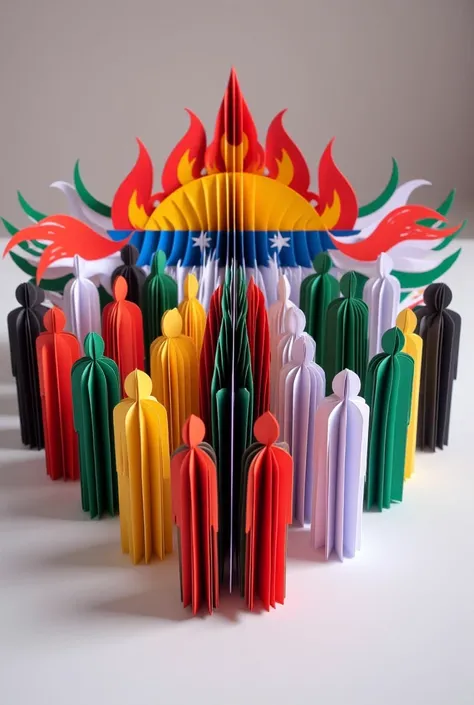 Origami of a flag covering a diverse group of people, symbolizing the use of nationalism to erase local identities and consolidate state power.

