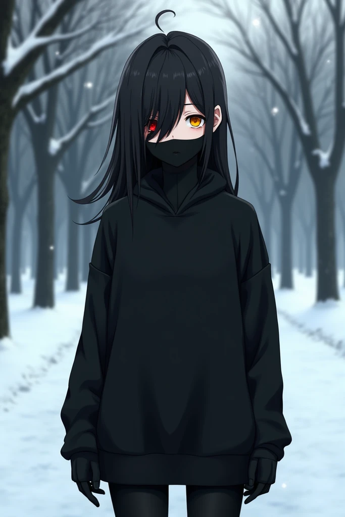  Dangerous Anime Girl ,  with a red eye and a yellow eye,  with black masks , black sweater, and black pants, in a snowy park 