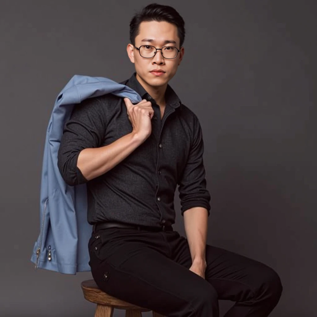 Asian man standing and posing for a photo. His hair is white and is cut in a side part style. He wears glasses with black frames and light yellow lenses. He wears black pants.