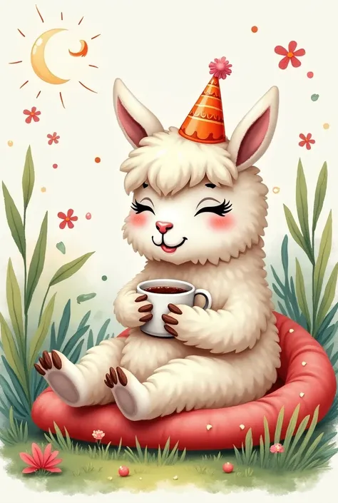 Lama sitting and drinking caffee aquarell painting looks like birthday card