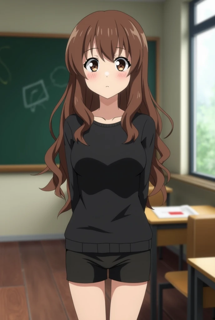  Screenshot of Boku no Hero Academia 
Girl with long wavy brown hair,  brown eyes,  Tired expression ,  medium breasts. She wears a black top and black shorts in the background she has a school class from the UA 