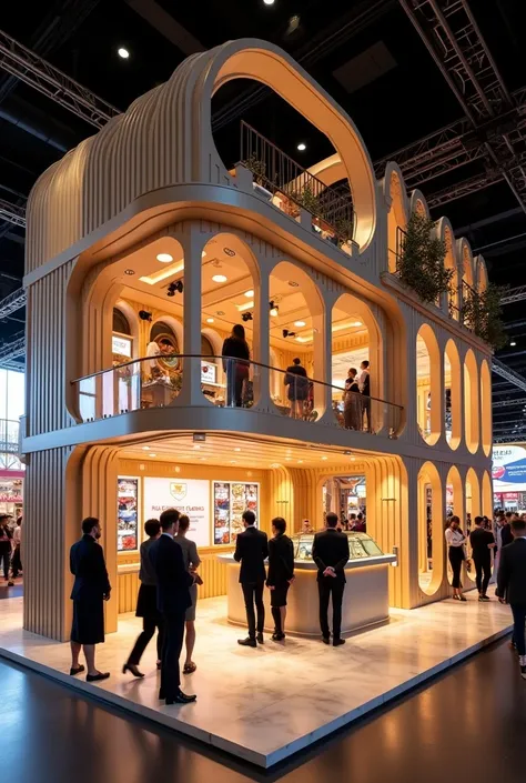  An exhibition stand representing the casino, Belarus.  The exhibition stand should contain complex shapes of walls and partitions, as well as stands and people . From two different angles 