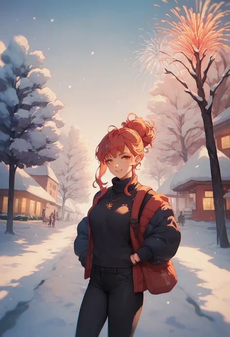 Dangerous anime girl ,  with a red eye and a yellow eye, with black sweater,  black pants ,  with a romantic manga in her hands, in a snowy park , With fireworks in the sky 