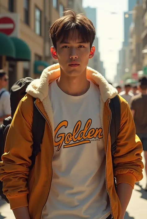 photo of a young man carrying a bag and a jacket in a t-shirt with the name Golden 