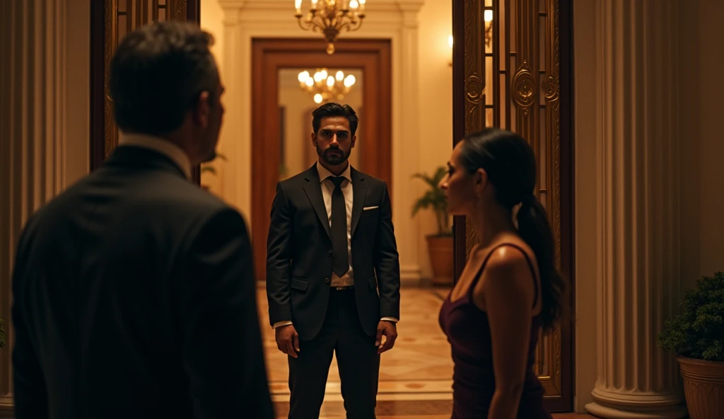 A cinematic view of the mansion’s grand doorway. Tomás, an older Mexican man in formal attire, stands in the foreground, frozen in disbelief. Emiliano, a young Mexican man with rugged features and intense eyes, is centered at the threshold, while Ángela, a...