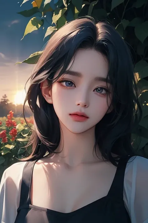 upper body, (best quality, ((masterpiece)), 8K resolution, Semi-realistic, cinematic lighting, beautiful detailed eyes),cute,1 woman,korean,,(dark blue hair) medium curly hair,25-year-old, kpop style clothes, ,detailed clothes, white collared shirts,expres...