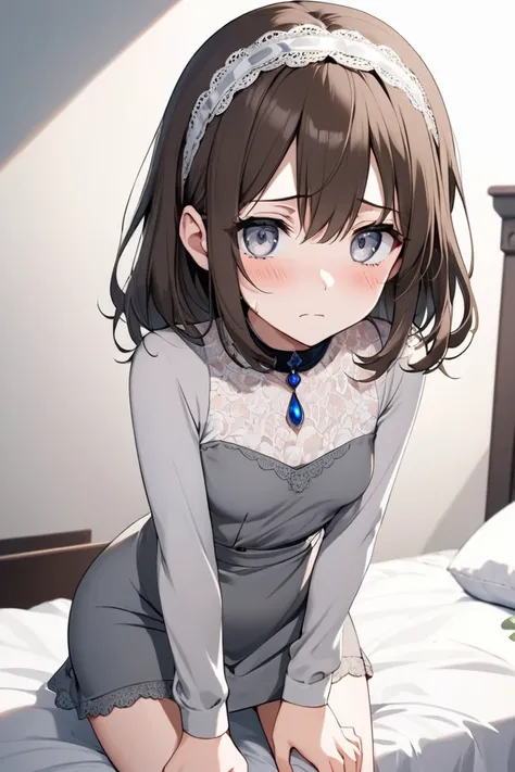 1 girl,solo,high resolution,looking at viewer,bedroom,closed mouth,POV,anime style,simple background,29 years old,53",petite,cute,innocent,white skin,silver eyes,brunette hair,small breasts,perky ass,alim waist,tight pussy,lacy grey dress with long sleeves...