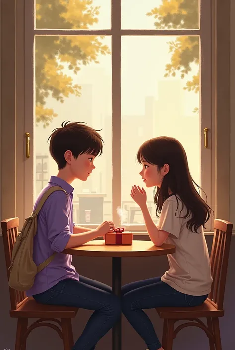 I want a drawing picture that I can copy from and paint it myself later. Of a boy and girl sitting in a cafe and theres a very small present on the table, the young boy is wearing a purple mens shirt and hes got a cream-colored bag. 