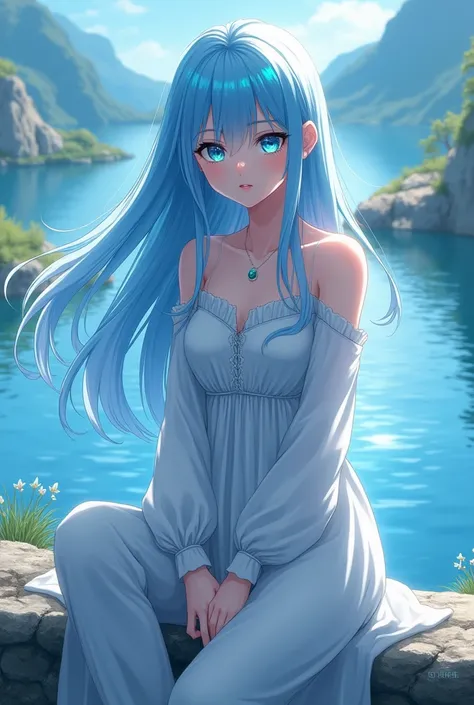 The figure of a beautiful girl with bright light blue hair, And his blue eyes are like crystals with anime art 
The girl had a firm and graceful expression, had a sharp gaze like an eagle and had long hair, He appeared to be sitting on the edge of a beauti...