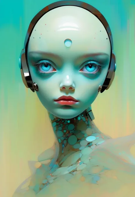 Full length view. Little funny robot, porcelain face and head, big turquoise eyes, perfect eyes in the best quality. perfect body anatomy. Beautiful cinematic impressionistic painting, minimalism. Masterpiece, Best Quality, Ultra High Definition, (Fractal ...